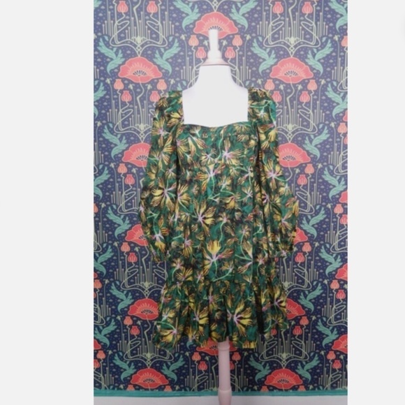 Ulla Johnson Alita Green Yellow Cotton Puff Sleeve Empire Waist Mini Dress Nwt 4 - Picture 3 of 9